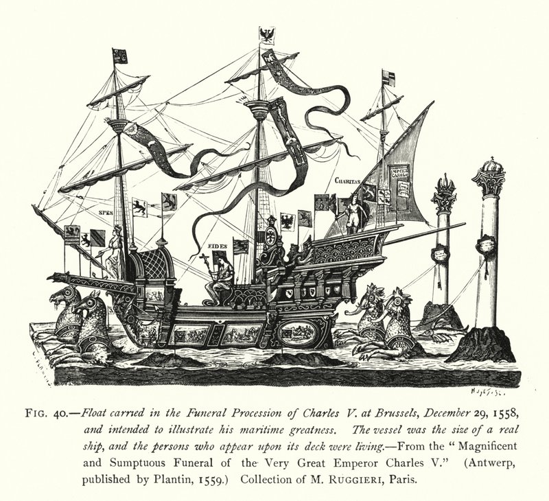 Float båret i begravelsesprosesjonen til Charles V i Brussel, 29. desember 1558, og ment å illustrere hans maritime storhet (gravering) av English School