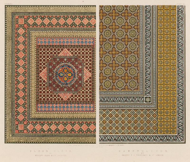Floor Cloth av Mrs Hare and Co, Bristol; Kamptulicon av herrerne FC Tresrail og Co, London av English School