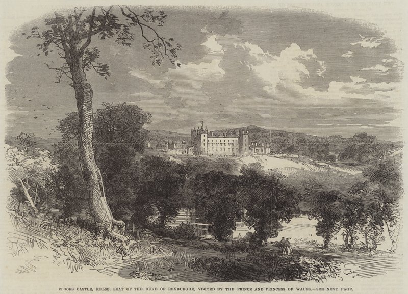 Floors Castle, Kelso, sete for hertugen av Roxburghe, besøkt av prinsen og prinsessen av Wales (gravering) av English School