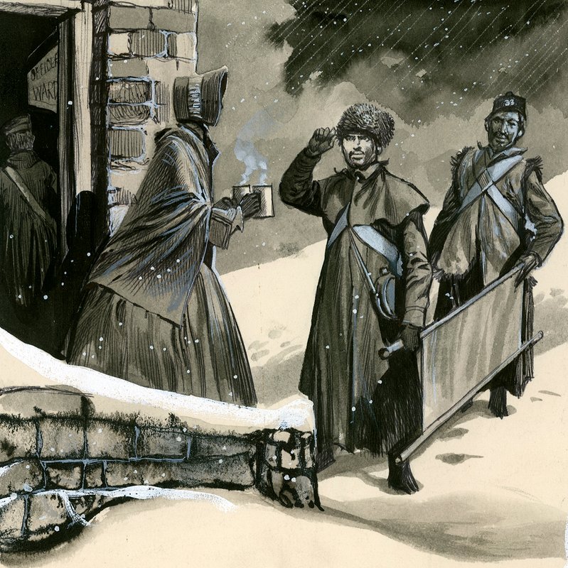 Florence Nightingale hilser på soldater i snøen av English School