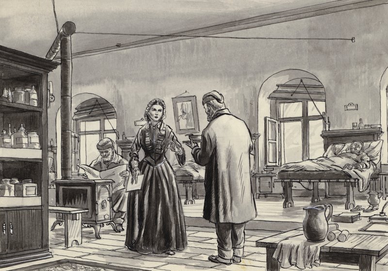 Florence Nightingale jobber på sykehuset i Scutari (gouache på papir) av English School