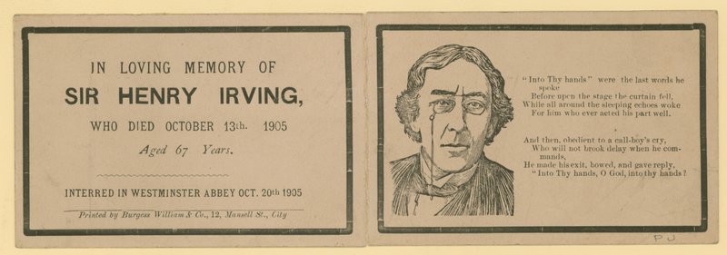 Foldekort som noterer bortgangen til Sir Henry Irving, skuespiller, som døde 13. oktober 1905 av English School