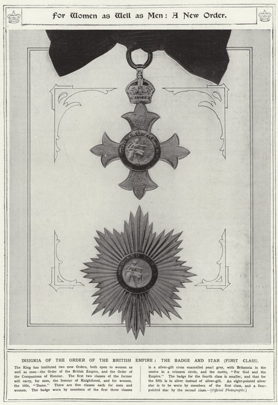 For kvinner så vel som menn, en ny orden, insignier av det britiske imperiets orden, merket og stjernen, førsteklasses av English School