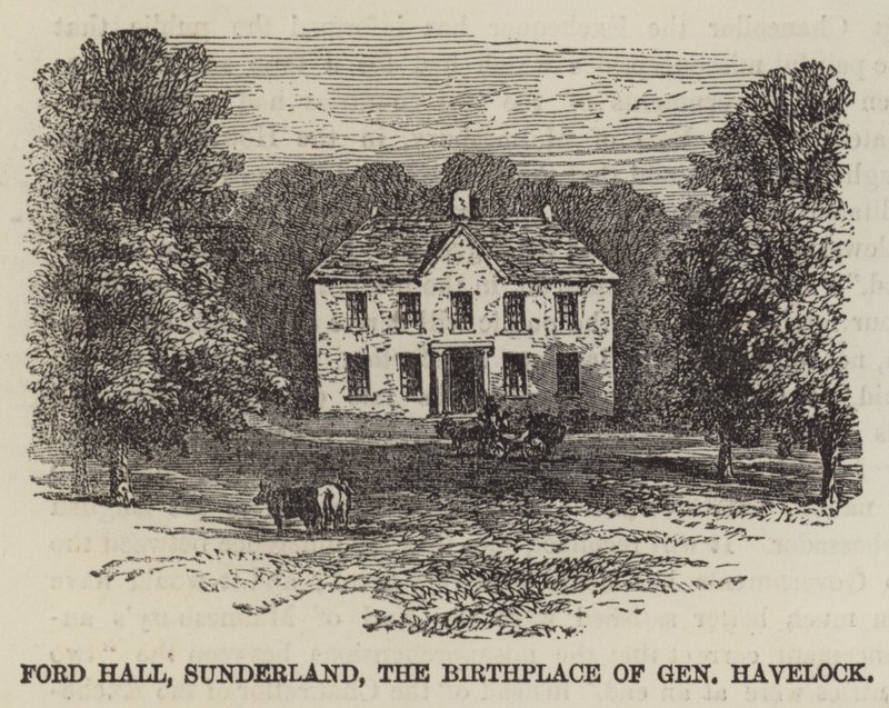 Ford Hall, Sunderland, fødestedet til general Havelock (gravering) av English School