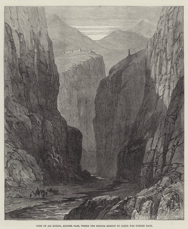 Fort of Ali Masjid, Khyber Pass, hvor den britiske misjonen til Kabul ble vendt tilbake (gravering) av English School