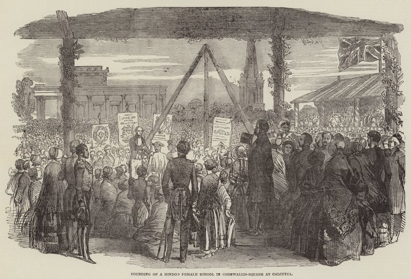 Grunnleggelse av en Hindoo kvinneskole i Cornwallis-Square i Calcutta (gravering) av English School