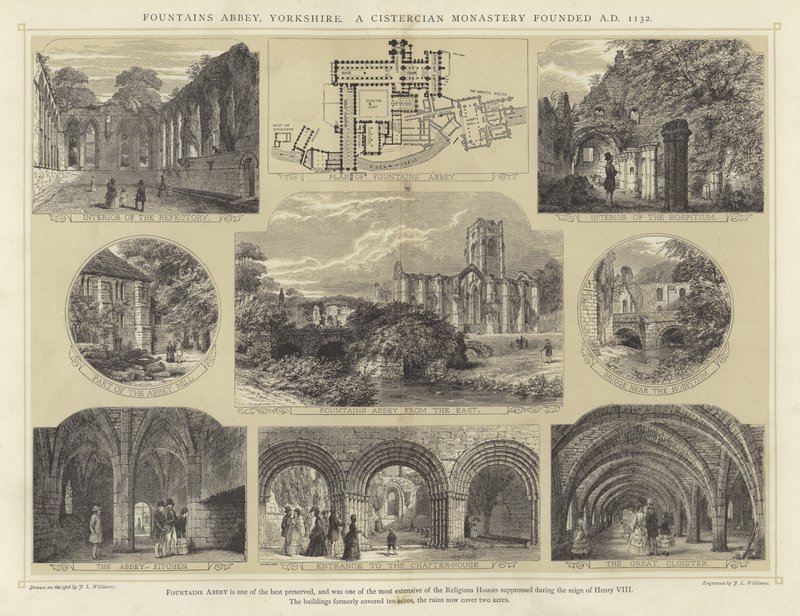 Fountains Abbey, Yorkshire, et cistercienserkloster grunnlagt 1132 e.Kr av English School