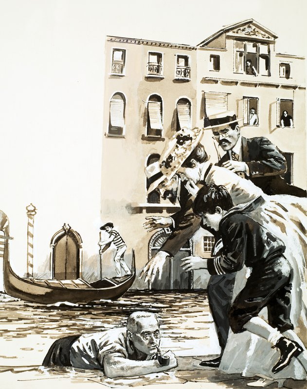 Frederick Rolfe klatrer ut av en kanal i Venezia av English School