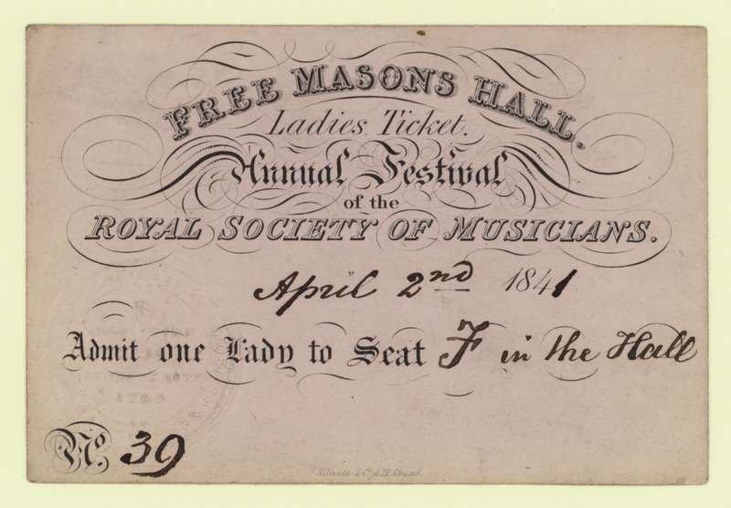 Free Masons Hall, Ladies Ticket, Annual Festival, Royal Society of Musicians, 2. april 1841 av English School