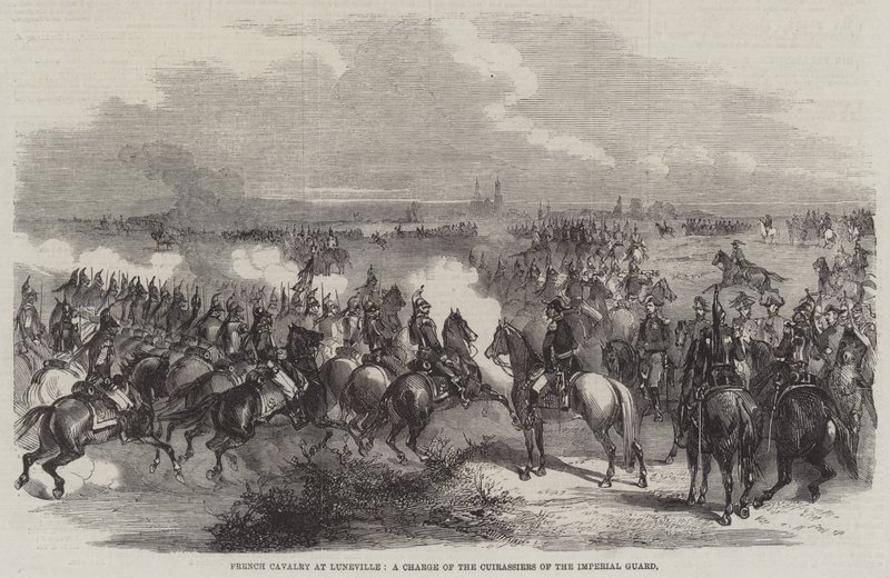 Fransk kavaleri ved Luneville, en anklage fra keisergardens Cuirassiers (gravering) av English School