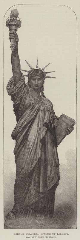 Fransk Colossal Frihetsgudinnen, for New York Harbor (gravering) av English School