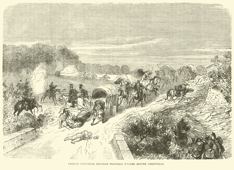 Fransk fanger prøyssiske proviantvogner før Thionville, september 1870 av English School