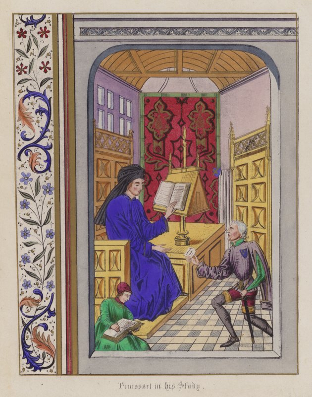 Froissart i hans arbeidsrom (farget gravering) av English School