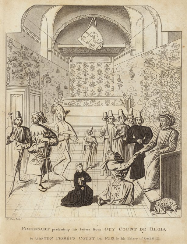 Froissart presenterer sine brev fra Guy Court de Blois, til Gaston Phoebus grev de Foix i hans Palace of Orthez av English School