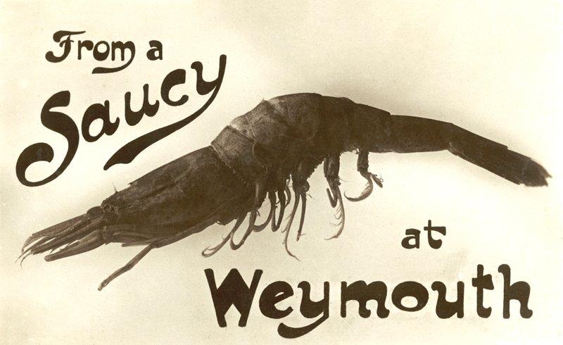Fra en frekk reke i Weymouth, gratulasjonskort (litho) av English School