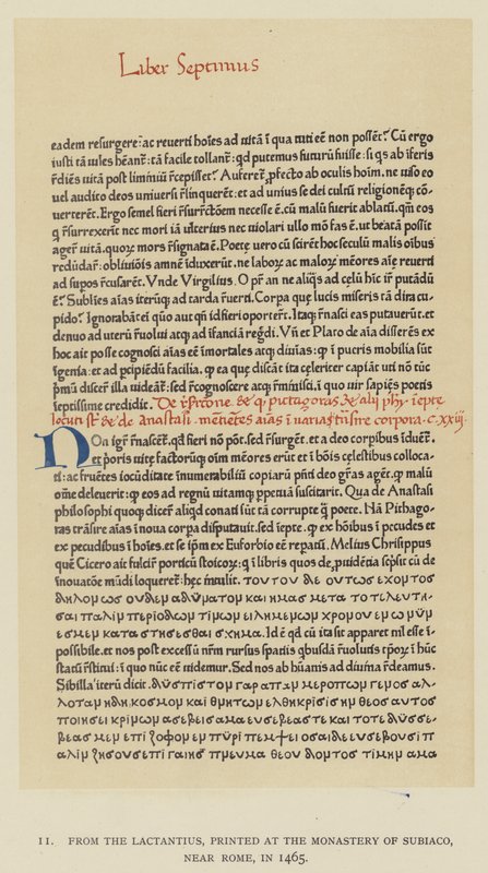 Fra Lactantius, trykt ved klosteret Subiaco, nær Roma, i 1465 (litho) av English School