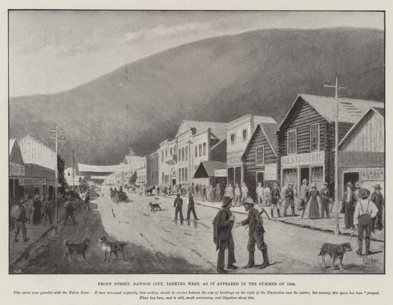 Front Street, Dawson City, ser vestover, slik den så ut sommeren 1898 (gravering) av English School