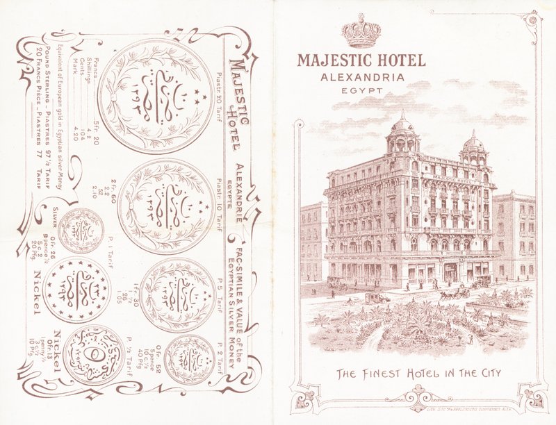 Forside og bakside av brosjyren for Majestic Hotel i Alexandria av English School