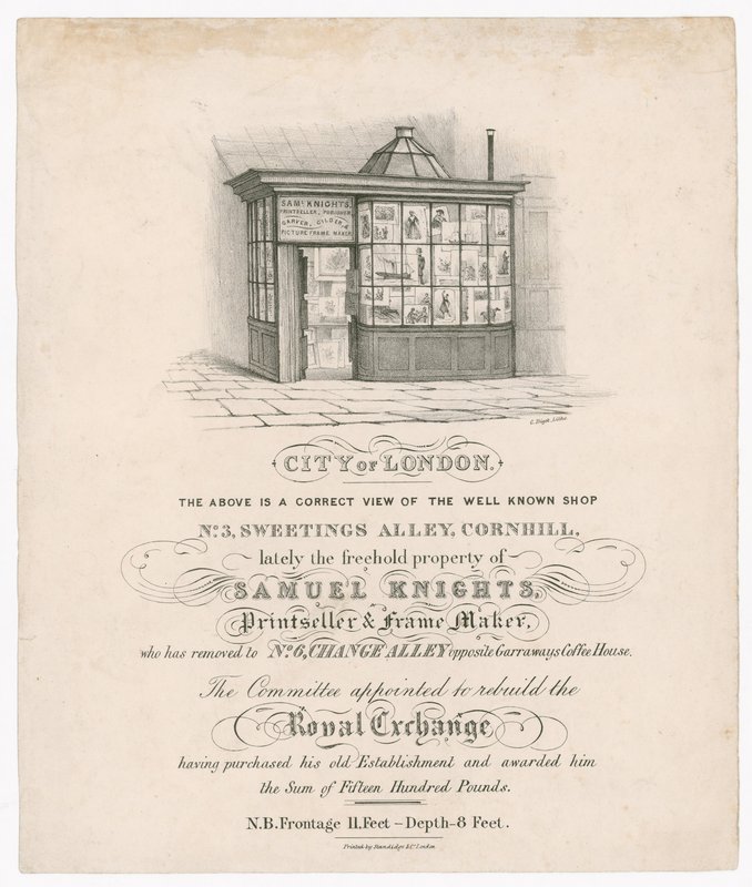 Foran nr. 3, Sweetings Alley, Cornhill, nylig eiendom til Samuel Knights, trykkeri og rammemaker av English School