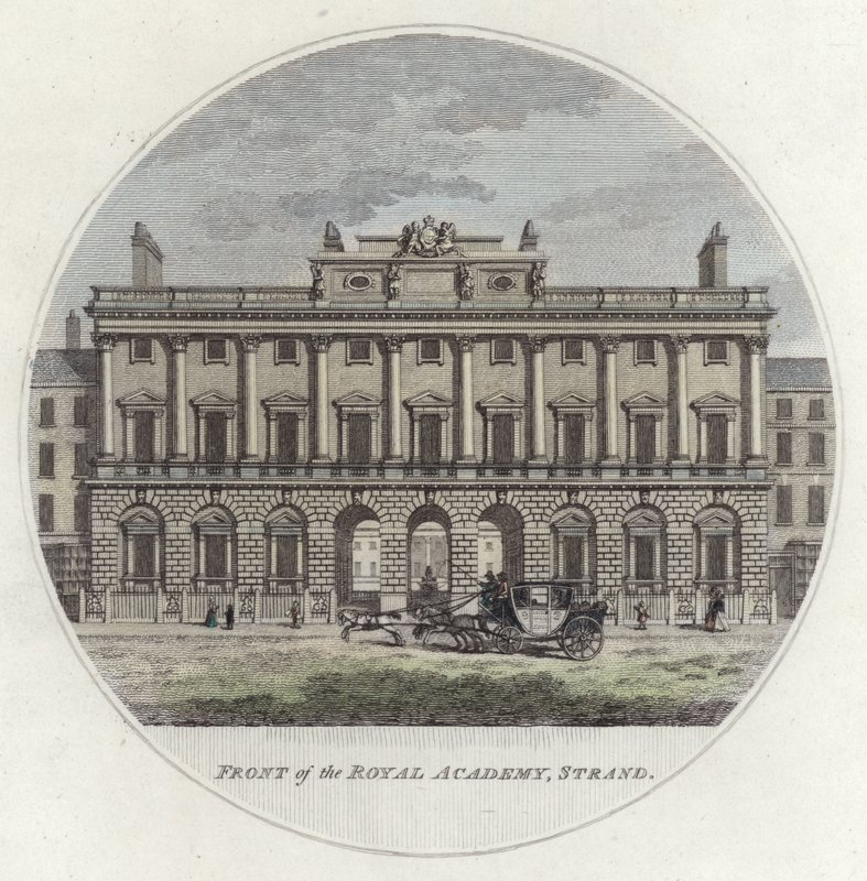 Foran The Royal Academy, Strand, London (farget gravering) av English School