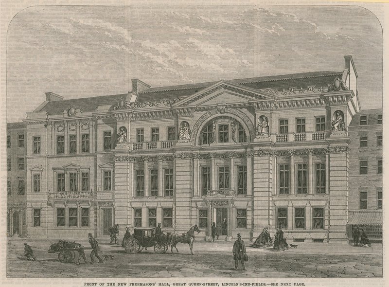 Foran den nye Freemasons Hall, Great Queen Street, Lincolns Inn Field, London av English School