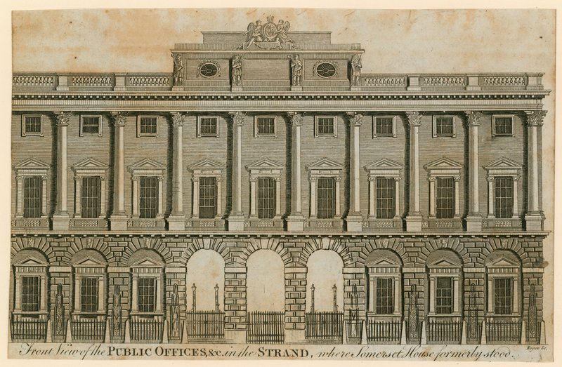 Forfra av de offentlige kontorene i Strand der Somerset House tidligere sto av English School