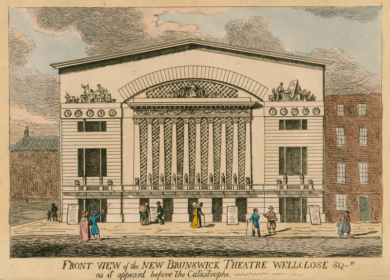 Frontutsikt over det nye Brunswick Theatre, Wellclose Square, London, slik det så ut før katastrofen av English School