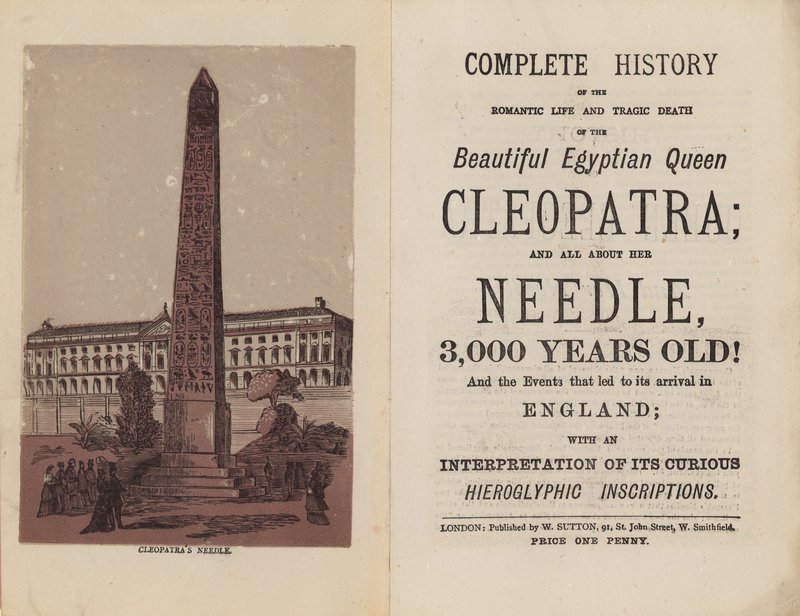 Frontispice og tittelside for fullstendig historie om det romantiske livet og den tragiske døden til den vakre egyptiske dronningen Cleopatra av English School