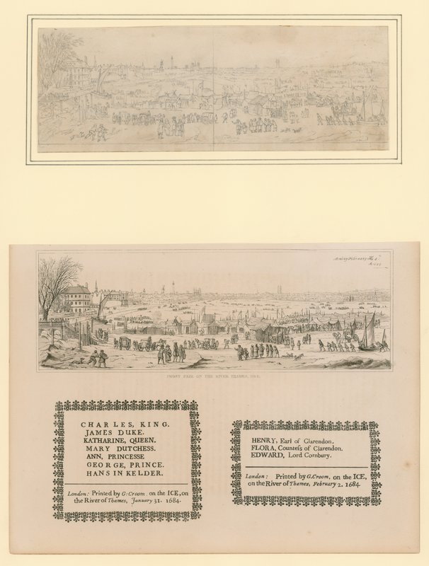 Frostmesse på Themsen, trykt suvenir for kong Charles II og familie, 1684 av English School