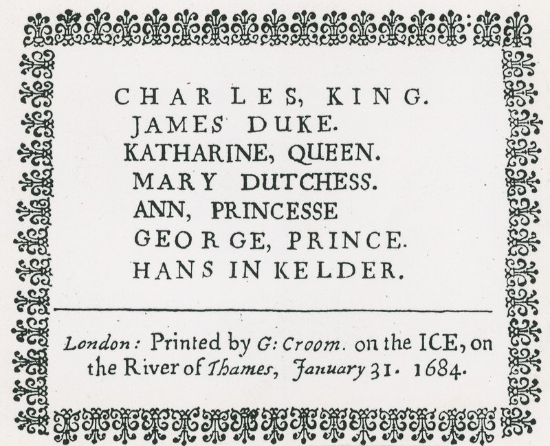 Frostmesse på Themsen, trykt suvenir for kong Charles II og familie, 1684 av English School