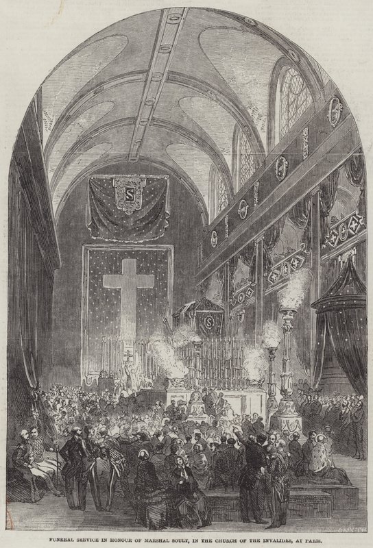Begravelsestjeneste til ære for marskalk Soult, i Invalides-kirken, i Paris (gravering) av English School