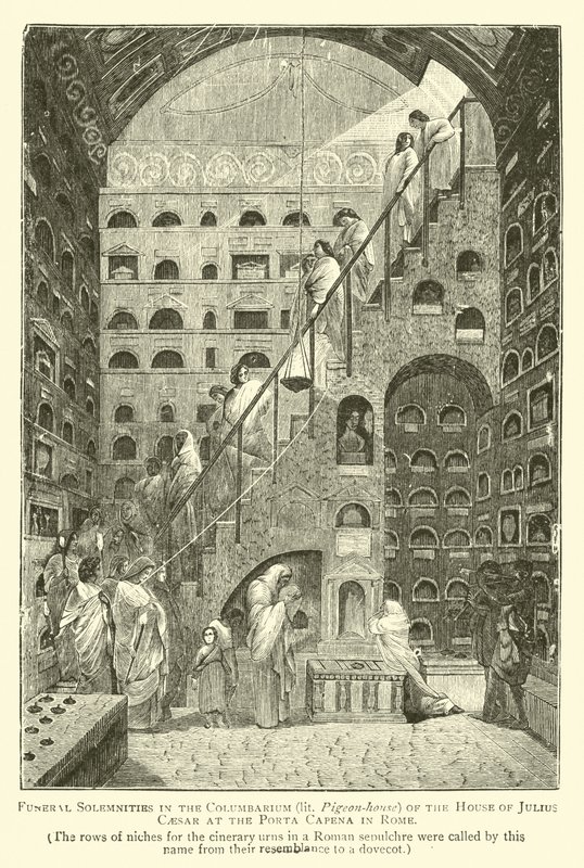 Begravelseshøytidligheter i Columbarium (opplyst duehus) til huset til Julius Caesar ved Porta Capena i Roma av English School