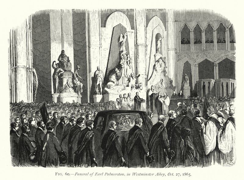 Begravelse til Earl Palmerston, i Westminster Abbey, 27. oktober 1865 (gravering) av English School