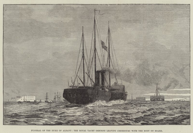 Begravelse til hertugen av Albany, Royal Yacht Osborne som forlater Cherbourg med liket om bord (gravering) av English School