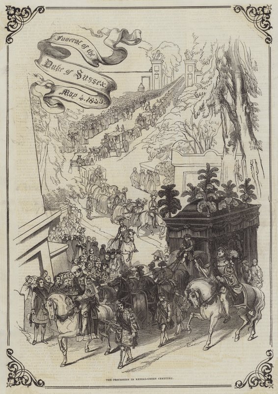 Begravelse av hertugen av Sussex, 4. mai 1843, prosesjonen på Kensal-Green Cemetery (gravering) av English School