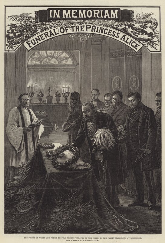 Begravelse av prinsesse Alice, prinsen av Wales og prins Leopold som plasserer kranser på kisten i familiemausoleet på Rosenhohe (gravering) av English School