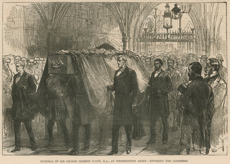 Begravelse til avdøde Sir George Gilbert Scott, RA, i Westminster Abbey, på vei inn i klosteret av English School