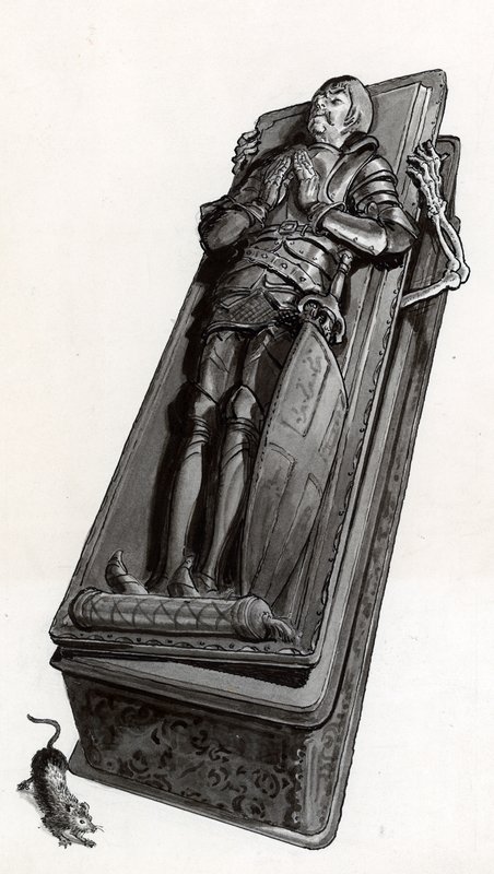 Begravelsesmonument med skjelett som kommer ut av English School