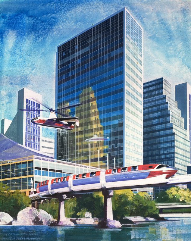 Futuristisk monorail og helikopter av English School