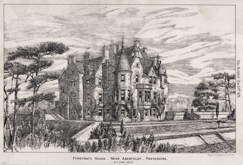 Fyndynate House, nær Aberfeldy, Perthshire (gravering) av English School