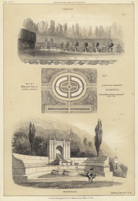 Hager: Isola Bella i Boboli-hagene, Firenze og Monreale, Italia (litho) av English School