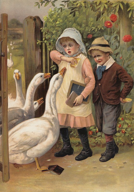 Gjess som jager barn etter maten deres (chromolitho) av English School