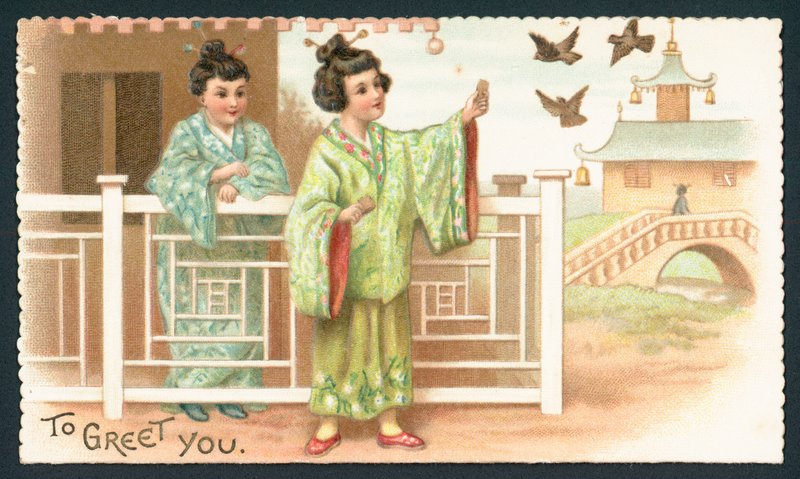 Geisha-jenter som mater fugler, julekort av English School