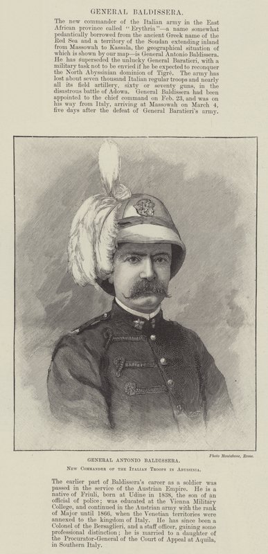 General Antonio Baldissera, ny sjef for de italienske troppene i Abyssinia (gravering) av English School