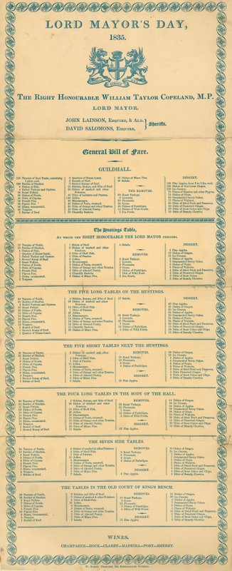 General Bill of Fare for Lord Mayors Day, Guildhall, London, 9. november 1835 av English School