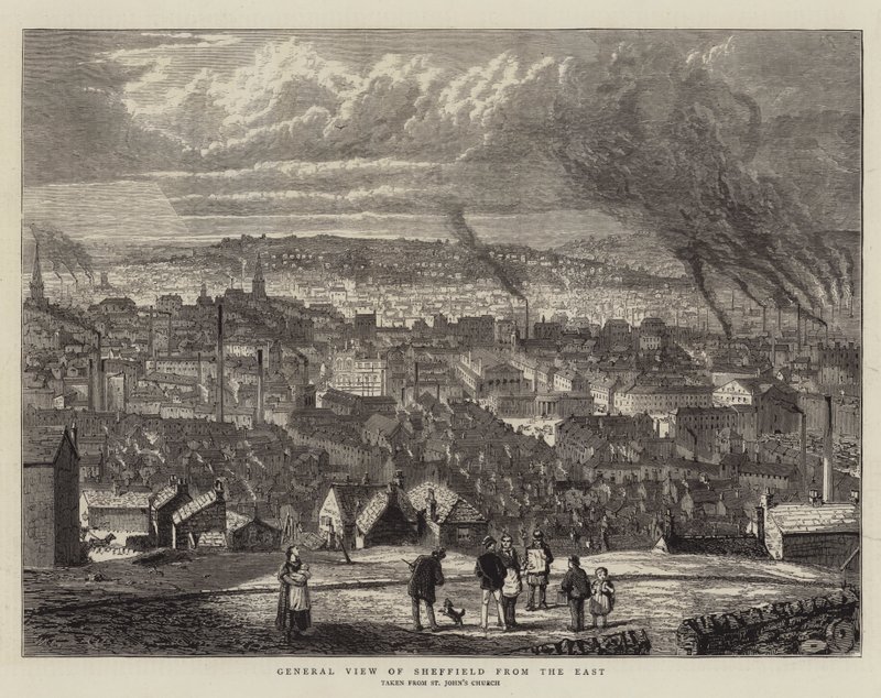 Generell utsikt over Sheffield fra øst (gravering) av English School