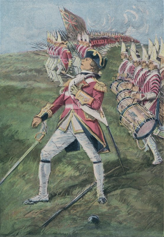 General Wolfe såret i slaget ved Quebec, Canada, 1759 av English School
