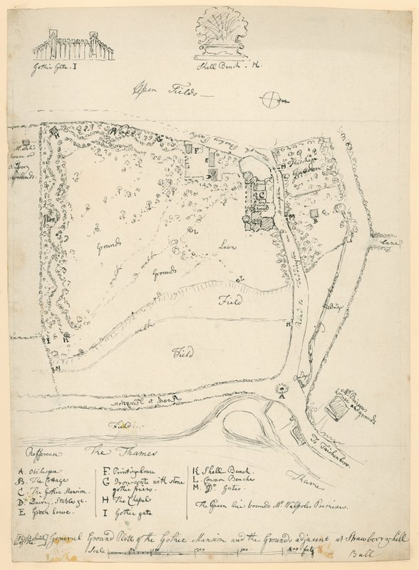 Generell grunnplan for det gotiske herskapshuset og eiendommen ved siden av Strawberry Hill, Twickenham, London av English School