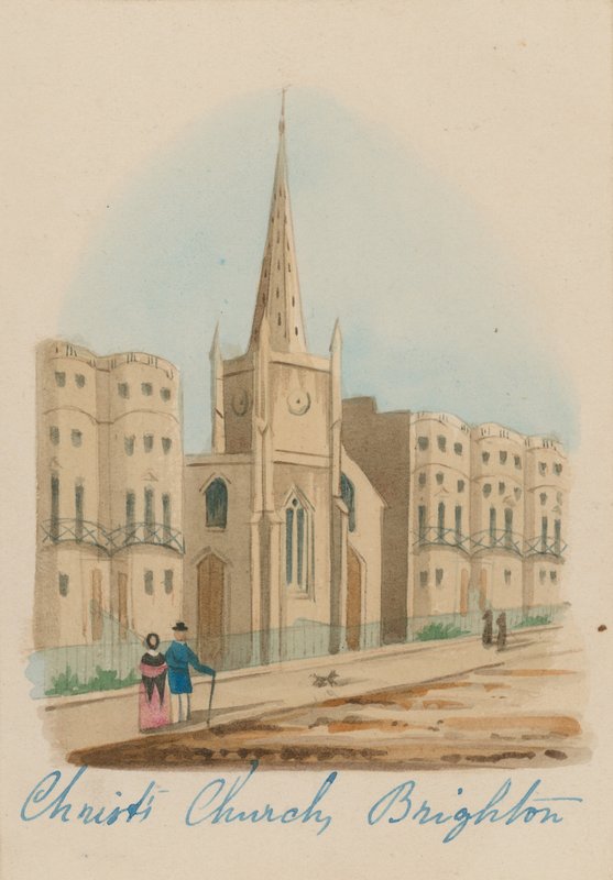 Generelt syn på Christ Church i Brighton (wc på papir) av English School