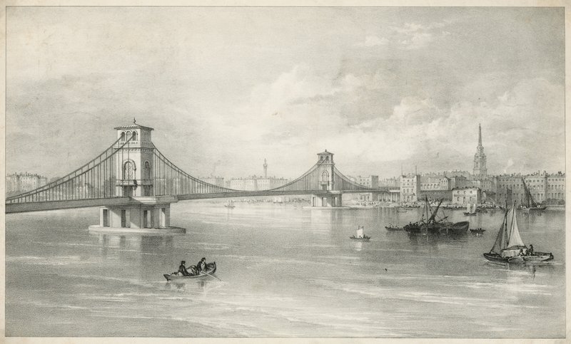 Generell utsikt over Hungerford og Lambeth Suspension Foot Bridge av English School